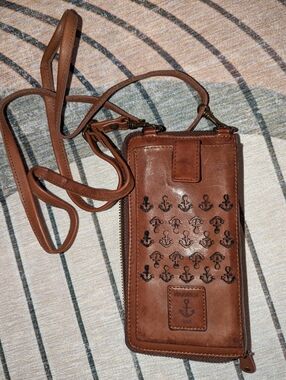Harbour 2nd Crossbody Leather Phone Bag with Perforated Front Pocket Burnt Brown